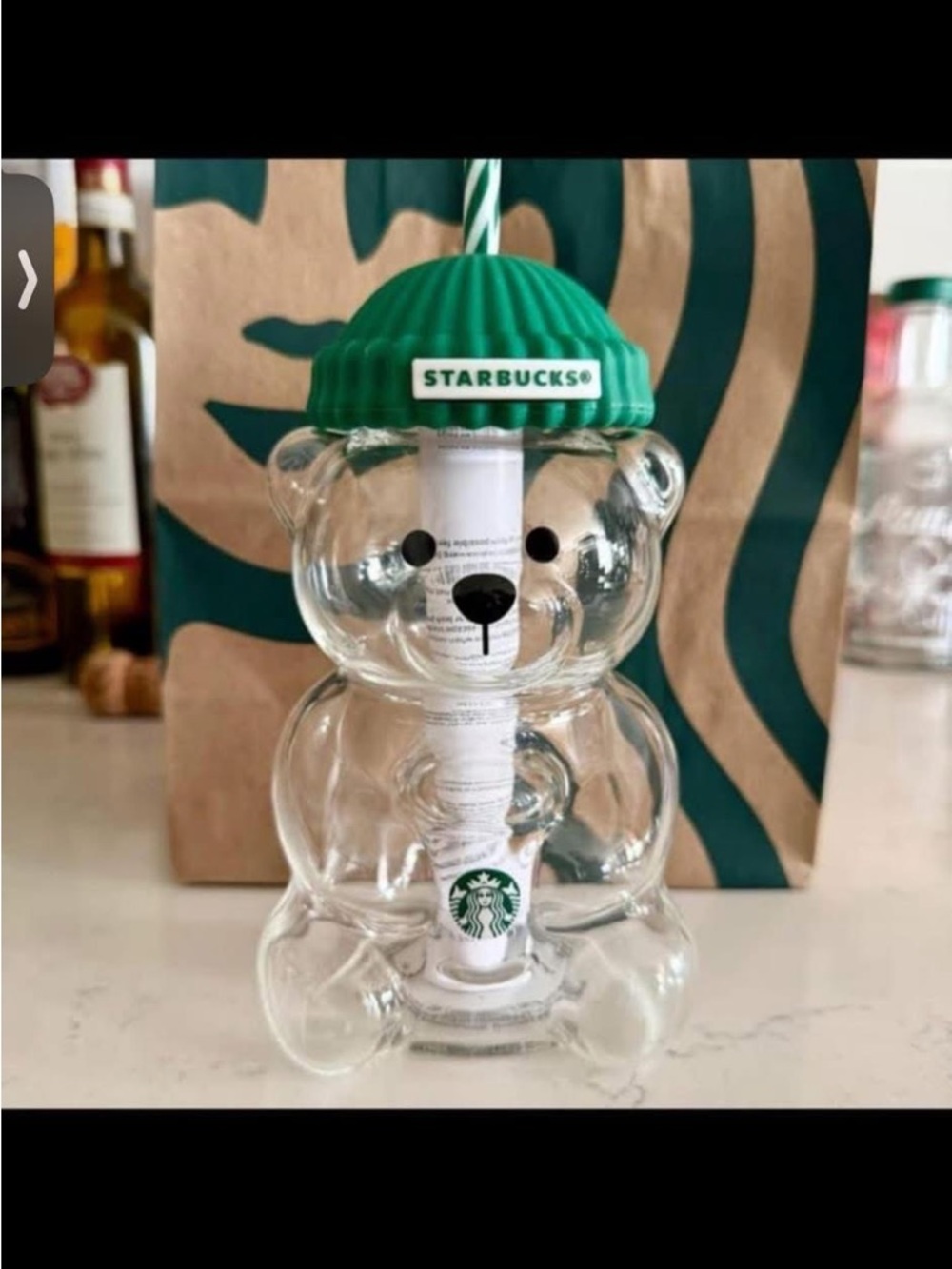 Starbucks Clear Bear-Shaped Reusable Cup with Green Lid and Straw